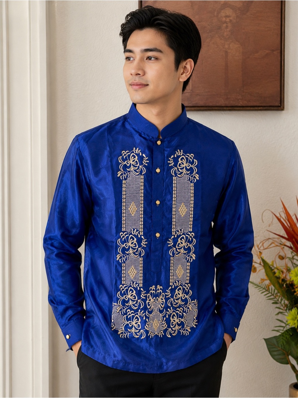 Men's Royal Blue Barong Tagalog Filipino Formal Attire Embroidered Dress Shirt